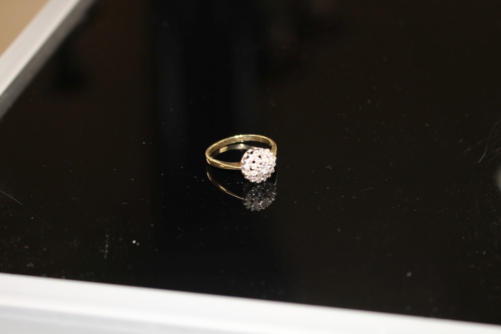 A modern 9ct gold and diamond cluster ring, size O, gross weight 2.2 grams.